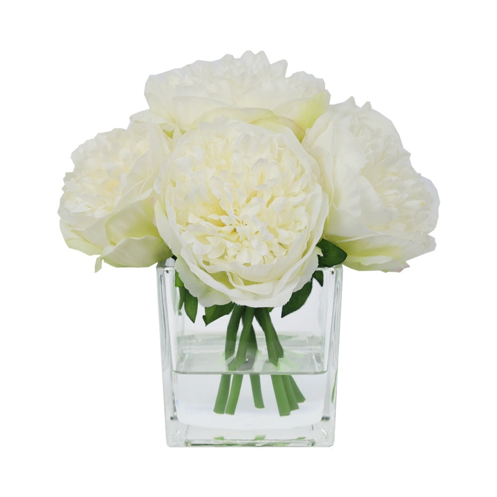 White Artificial Peony Arrangement in Glass Square Vase - Small IHR-PEO114-W-S