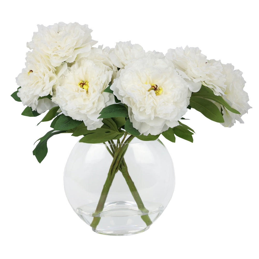 White Artificial Peony Arrangement in Flat Glass Vase IHR-PEO115-W