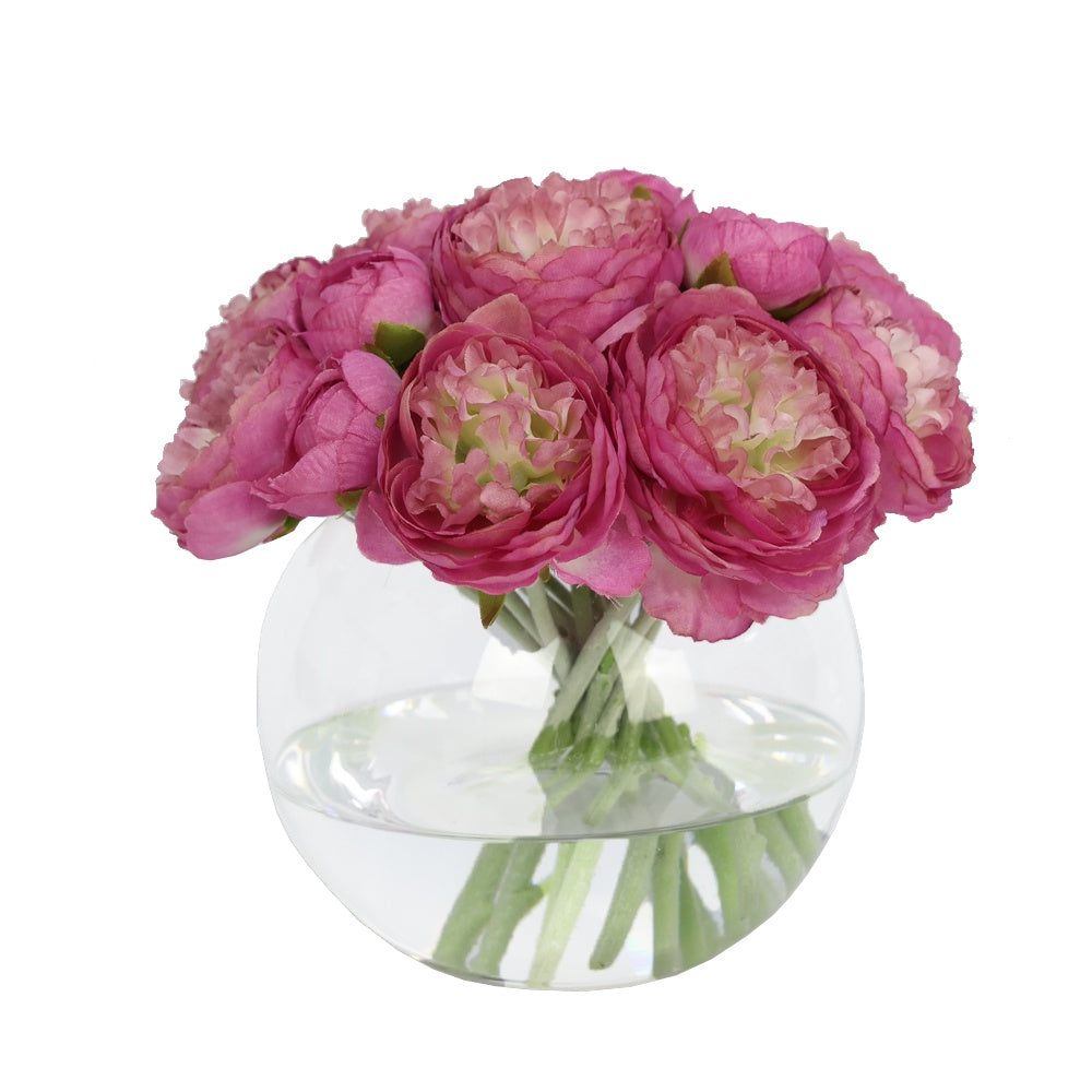 Deep Pink Artificial Ranuculus Arrangement in Glass Globe Vase - Small IHR-PEO116-DP-S