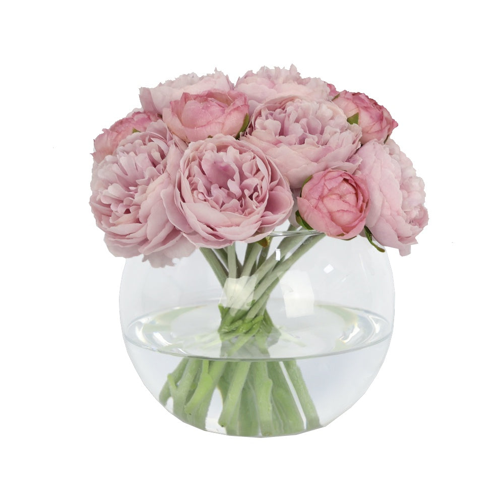 Dusty Rose Artificial Ranuculus Arrangement in Glass Globe Vase - Small IHR-PEO116-LC-S