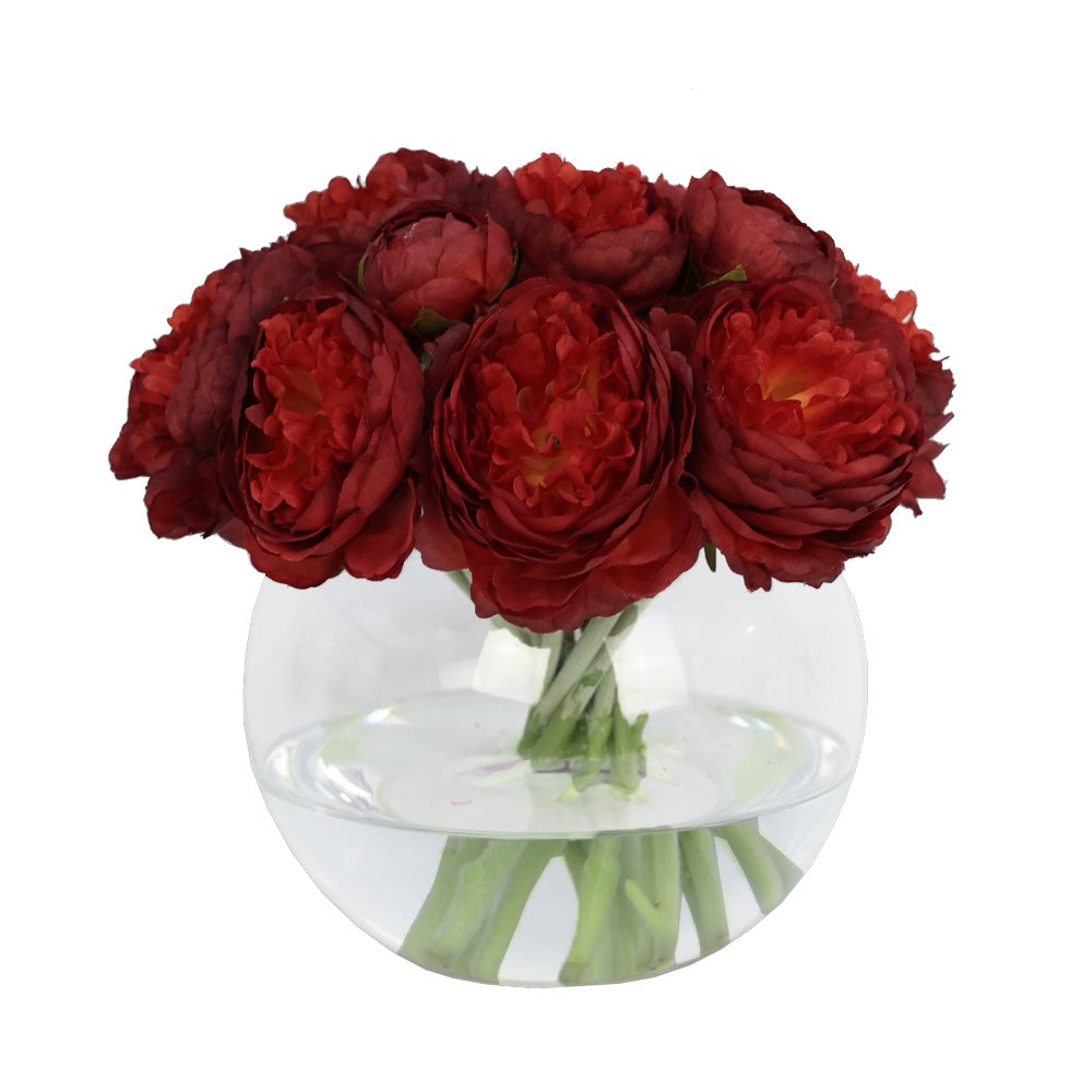 Red Artificial Ranuculus Arrangement in Glass Globe Vase - Small IHR-PEO116-RD-S