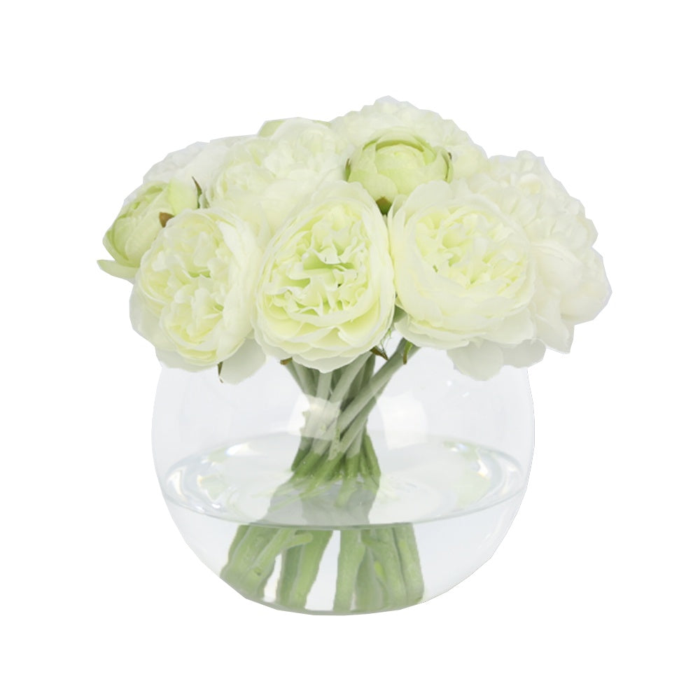 White Artificial Ranuculus Arrangement in Glass Globe Vase - Small IHR-PEO116-W-S