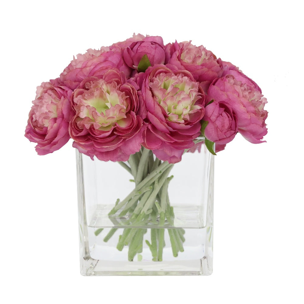 Deep Pink Artificial Ranuculus Arrangement in Glass Square Vase - Small IHR-PEO117-DP-S