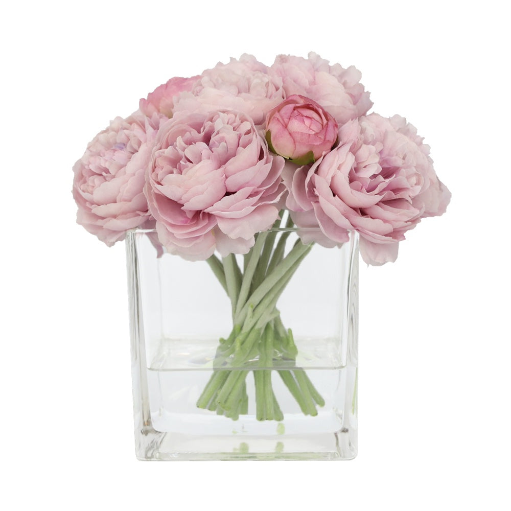 Dusty Rose Artificial Ranuculus Arrangement in Glass Square Vase - Small IHR-PEO117-LC-S