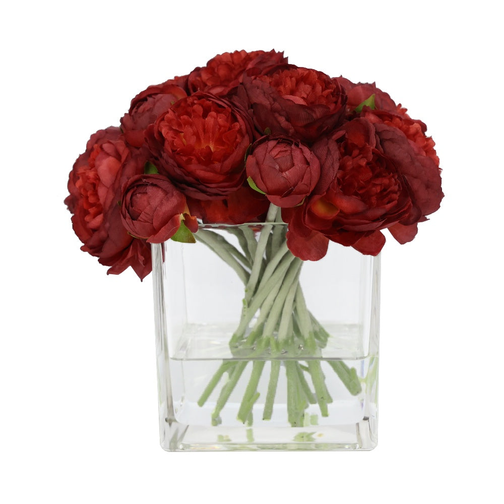 Red Artificial Ranuculus Arrangement in Glass Square Vase - Small IHR-PEO117-RD-S