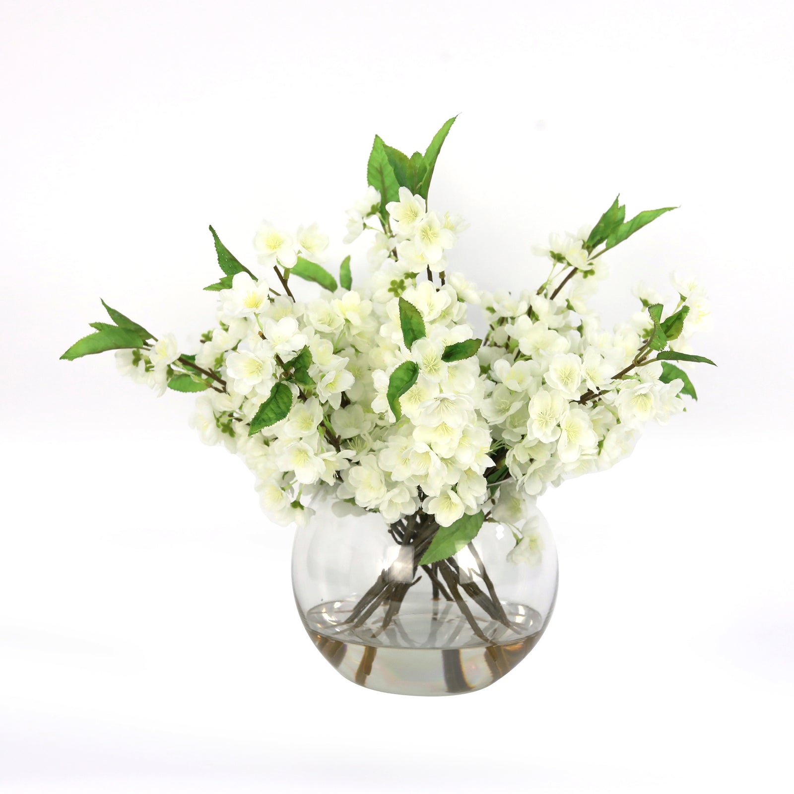 White Artificial Plum Blossom Arrangement in Round Vase IHR-PLBS112-W