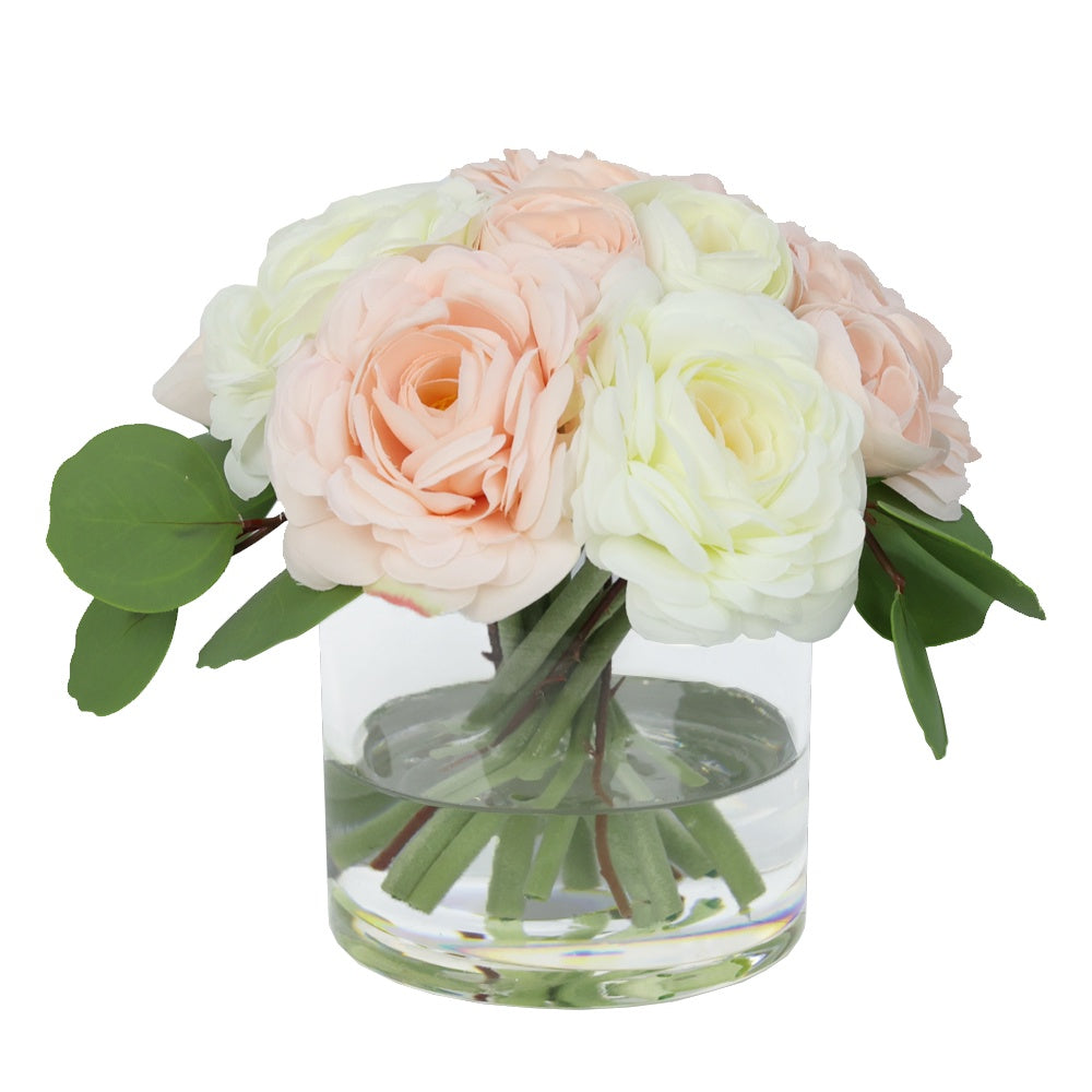 White and Pink Artificial Ranunculus with Eucalyptus Arrangement in Glass Cylindrical Vase - Medium IHR-RNC111-MIX