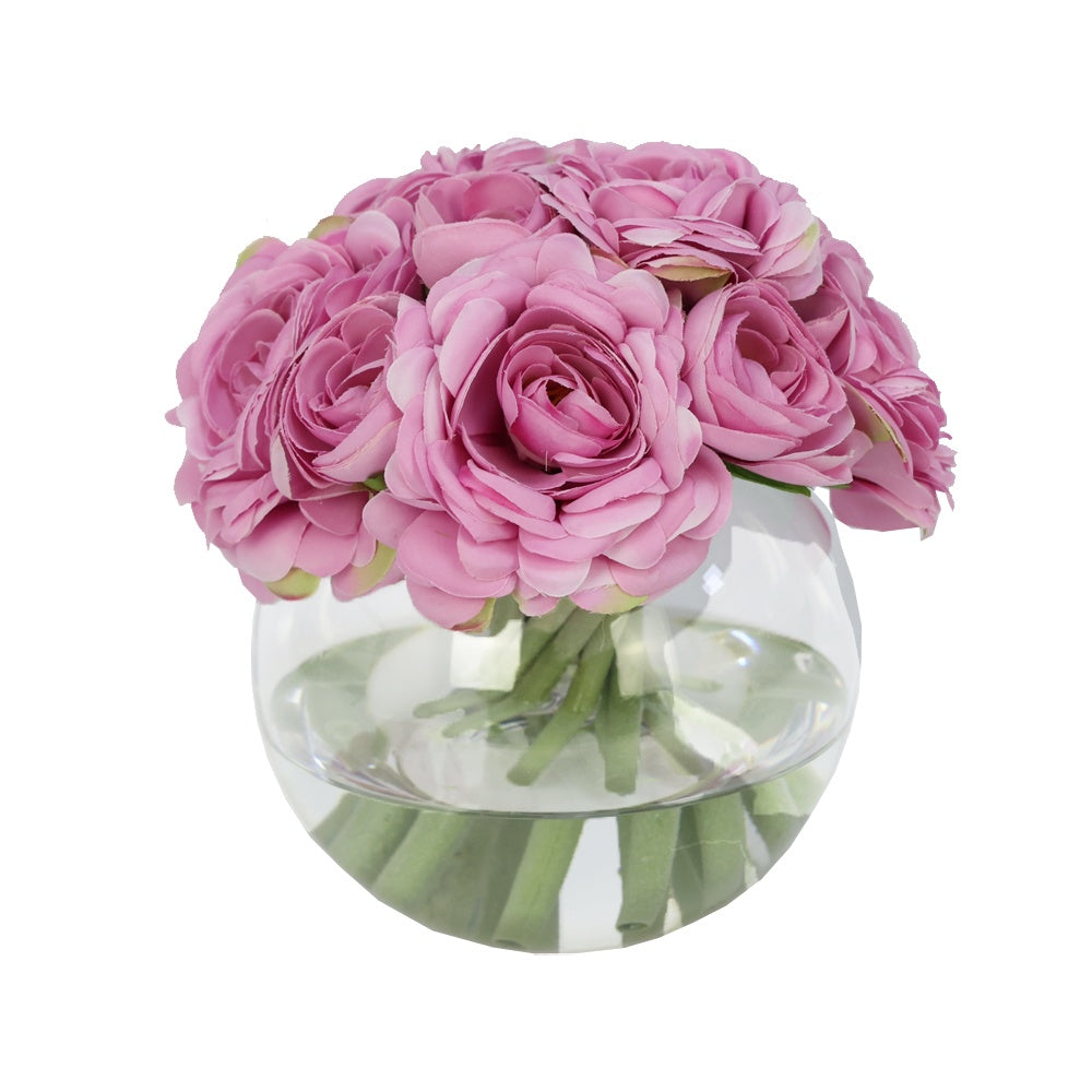 Rose Artificial Ranuculus Arrangement in Glass Globe Vase - Medium IHR-RNC112-PK-M