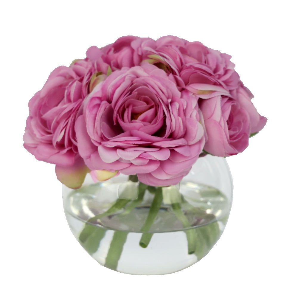 Rose Artificial Ranuculus Arrangement in Glass Globe Vase - Small IHR-RNC112-PK-S