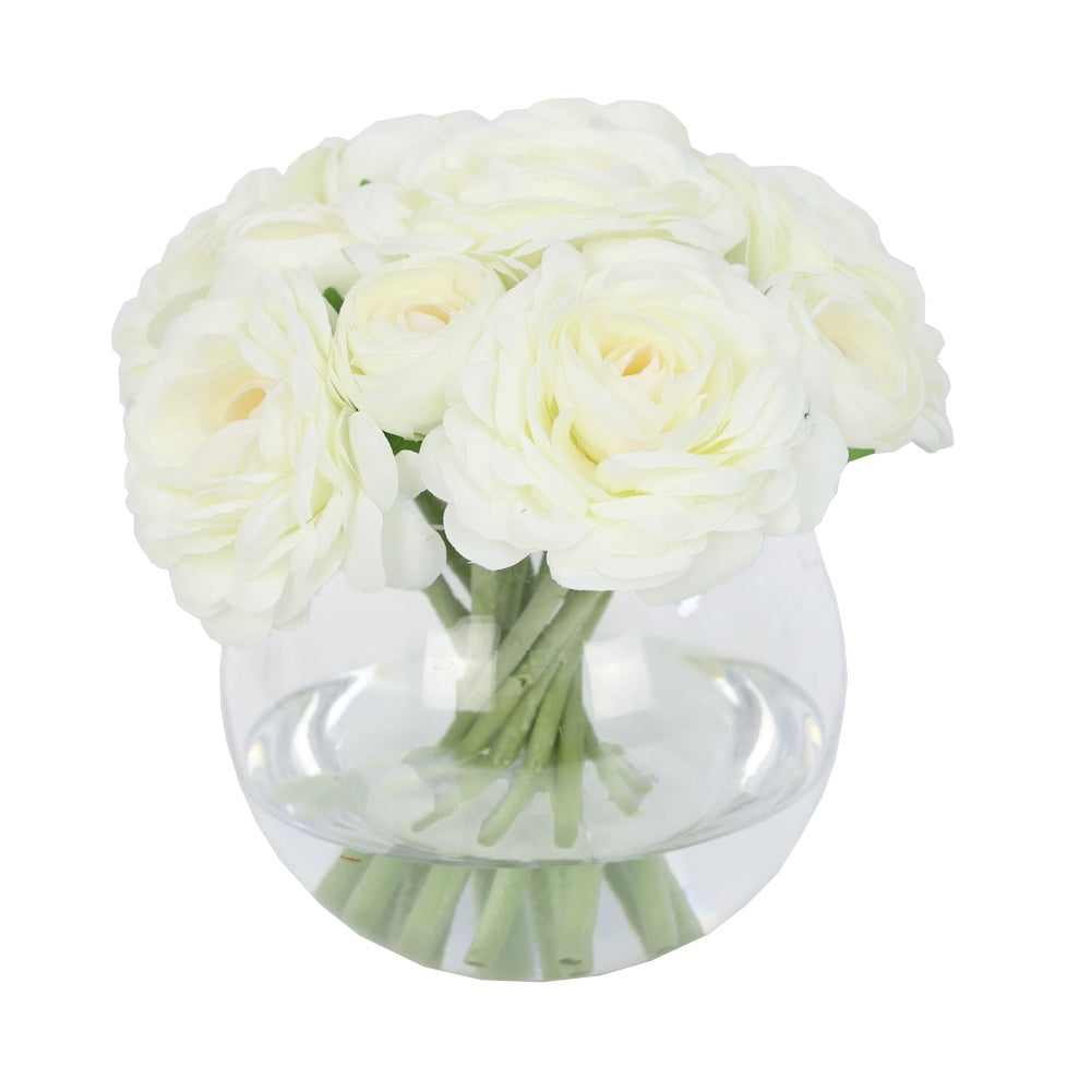 White Artificial Ranuculus Arrangement in Glass Globe Vase - Medium IHR-RNC112-W-M