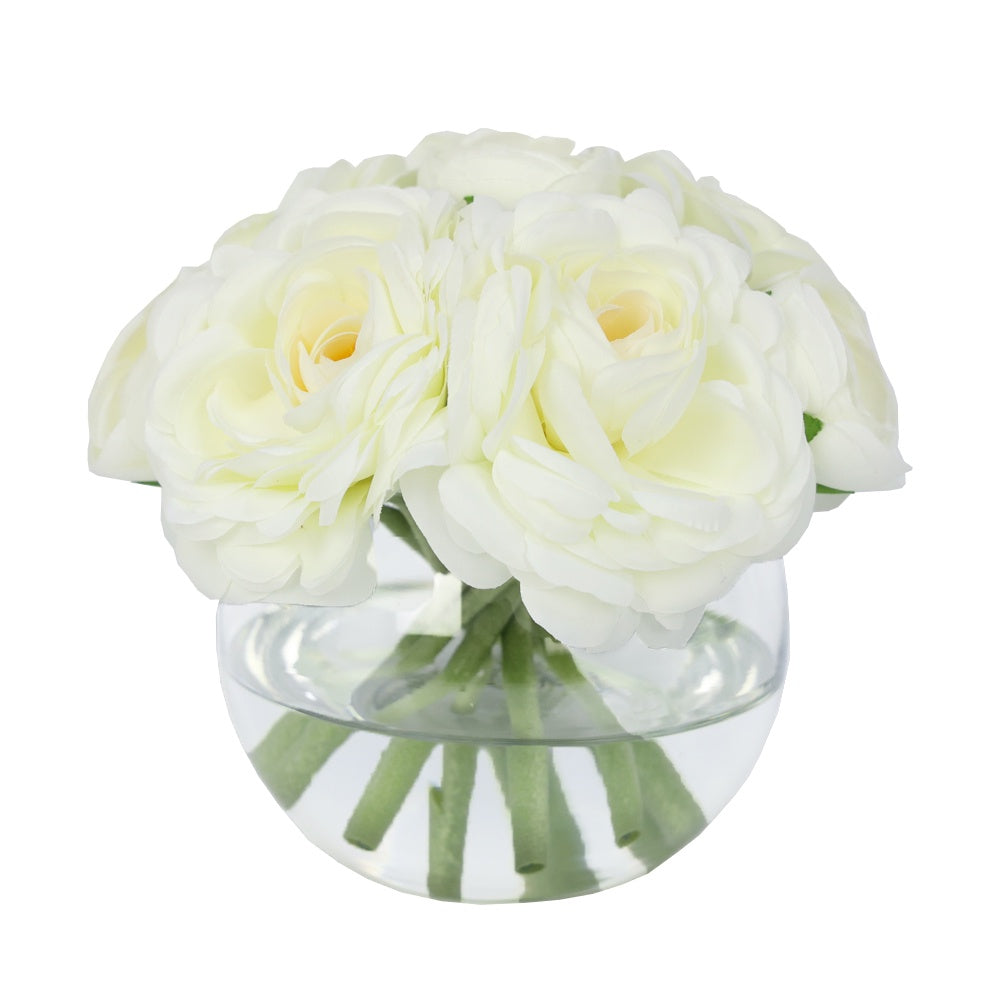White Artificial Ranuculus Arrangement in Glass Globe Vase - Small IHR-RNC112-W-S