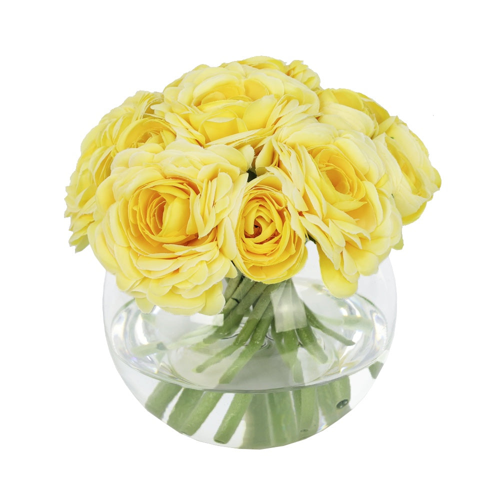 Yellow Artificial Ranuculus Arrangement in Glass Globe Vase - Medium IHR-RNC112-YL-M