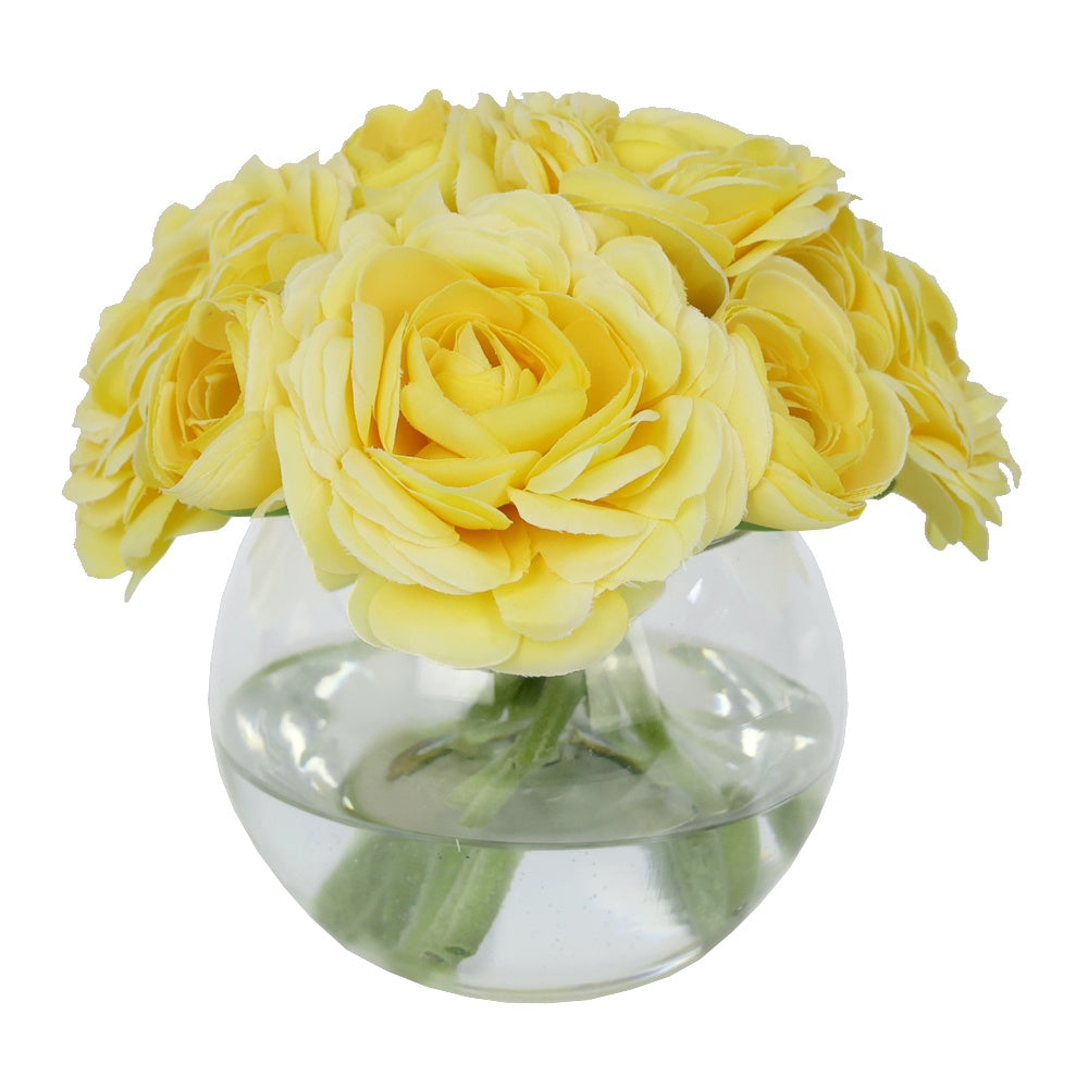 Yellow Artificial Ranuculus Arrangement in Glass Globe Vase - Small IHR-RNC112-YL-S