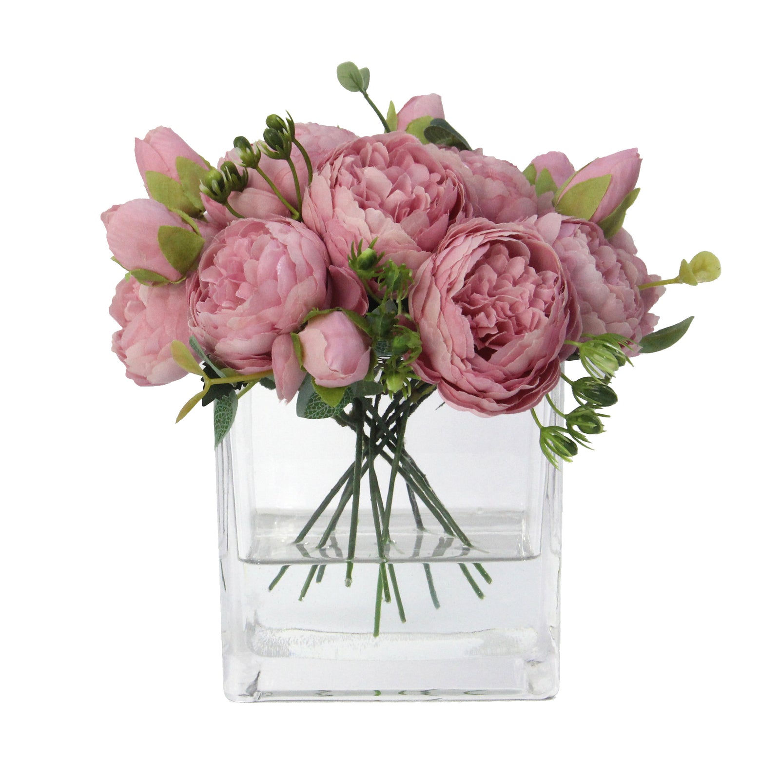 Pink Artificial Rose Arrangement in Square Vase - Medium IHR-RS050-PK-M