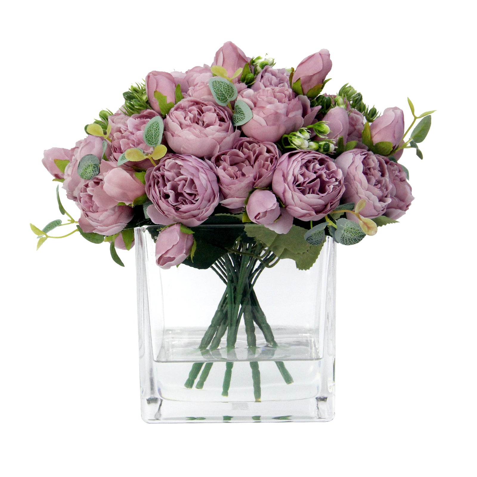 Purple Artificial Rose Arrangement in Square Vase - Large IHR-RS050-PRL-L