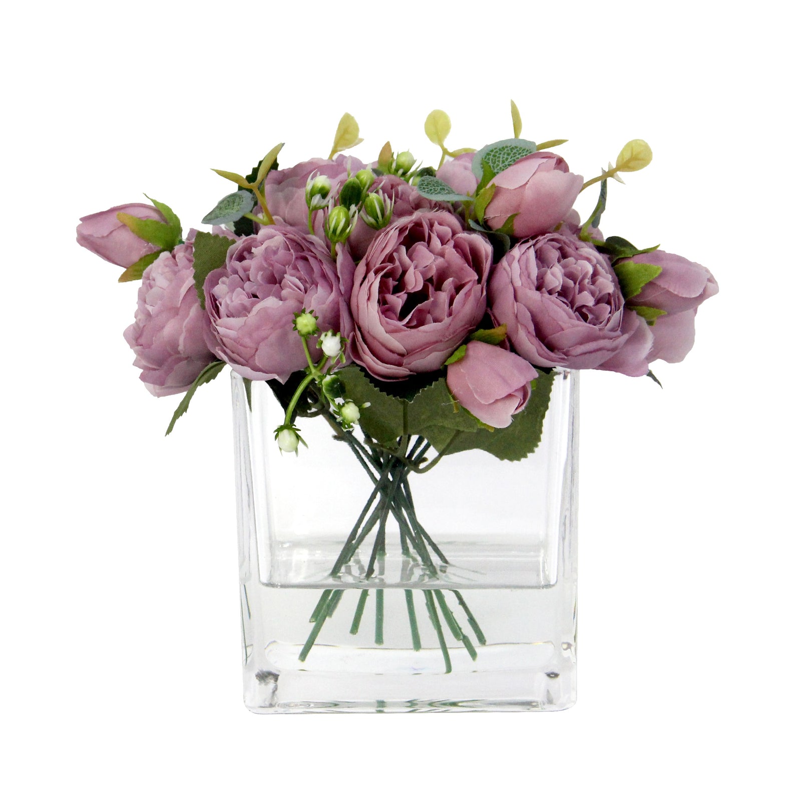 Purple Artificial Rose Arrangement in Square Vase - Medium IHR-RS050-PRL-M