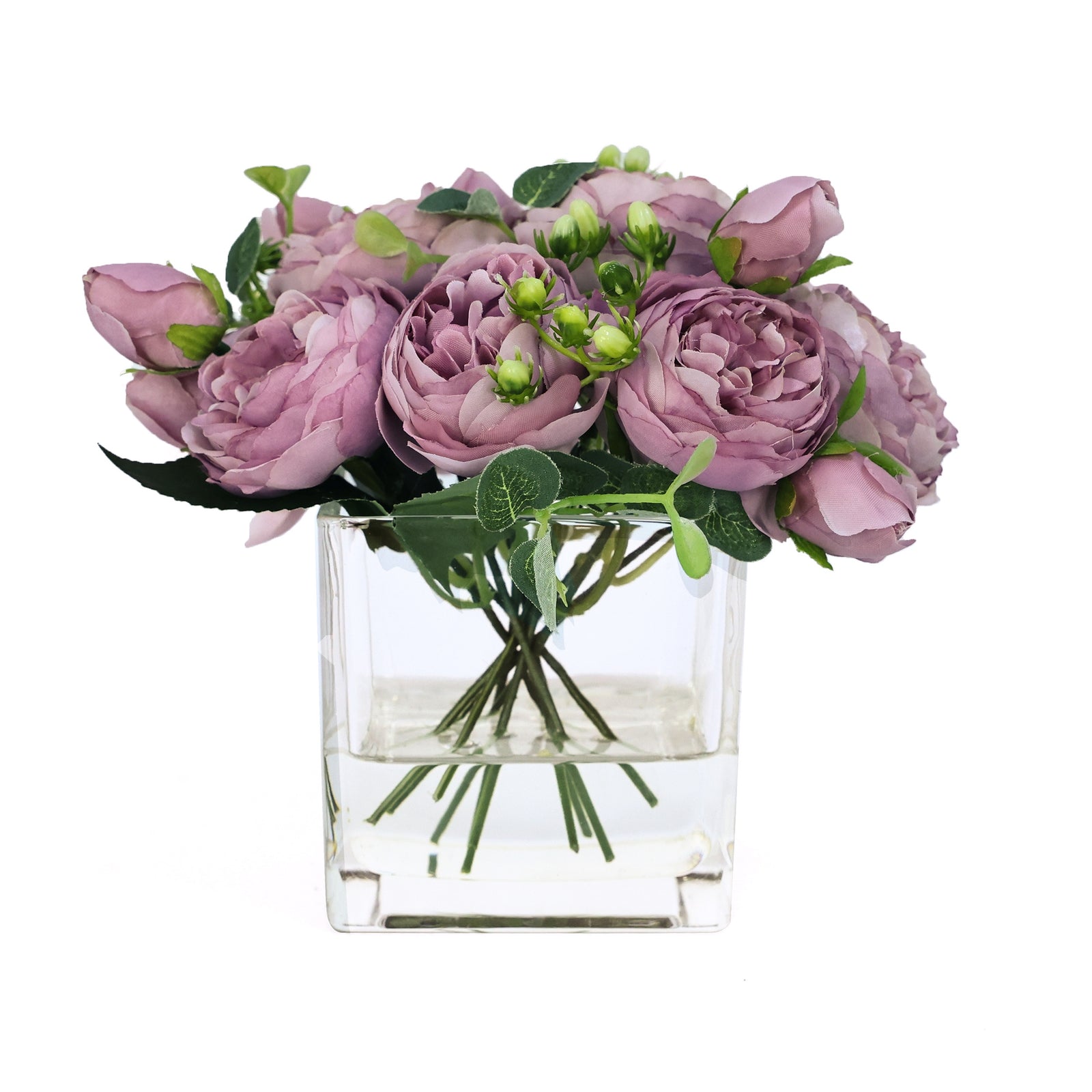 Purple Artificial Rose Arrangement in Square Vase - Small IHR-RS050-PRL-S