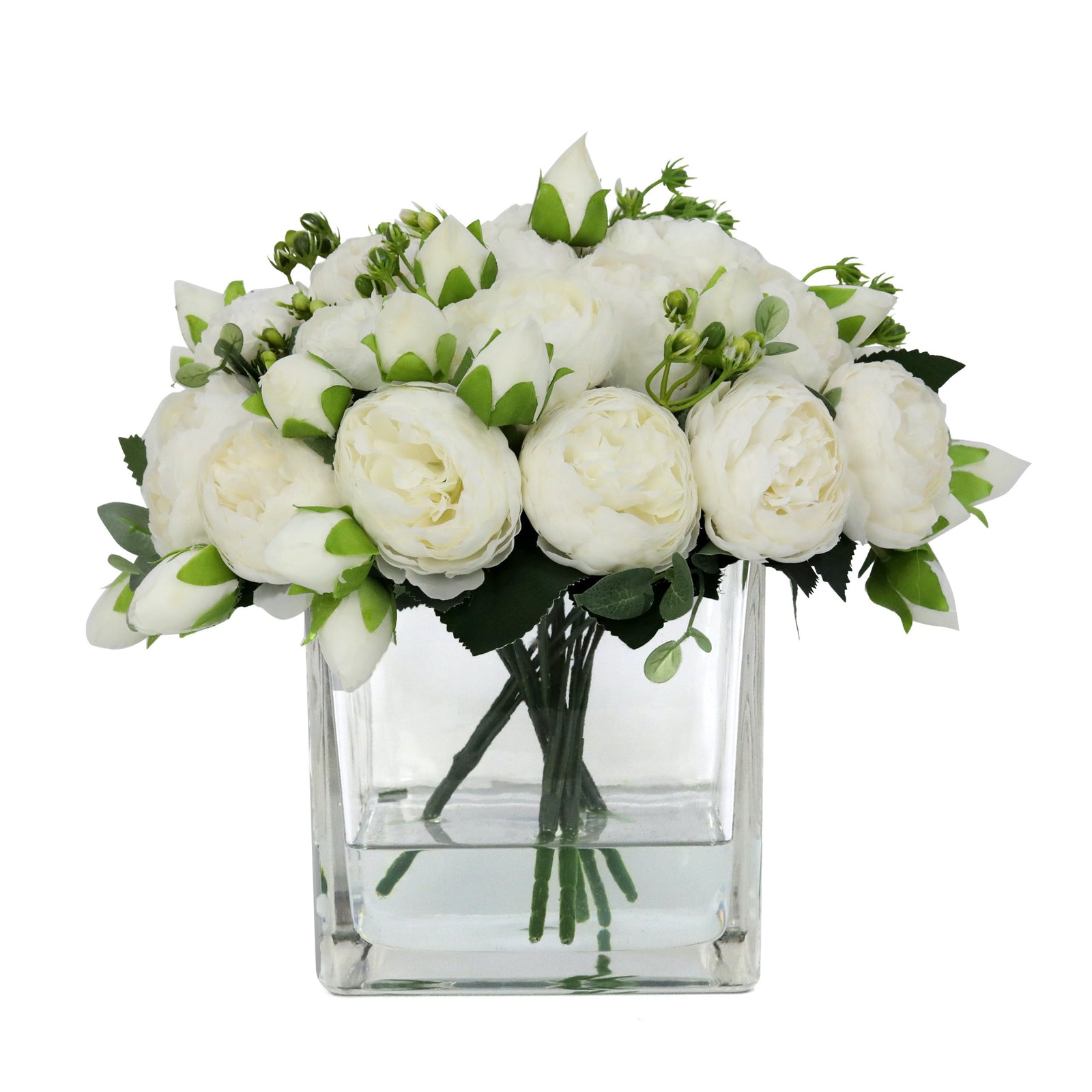 White Artificial Rose Arrangement in Square Vase - Large IHR-RS050-W-L