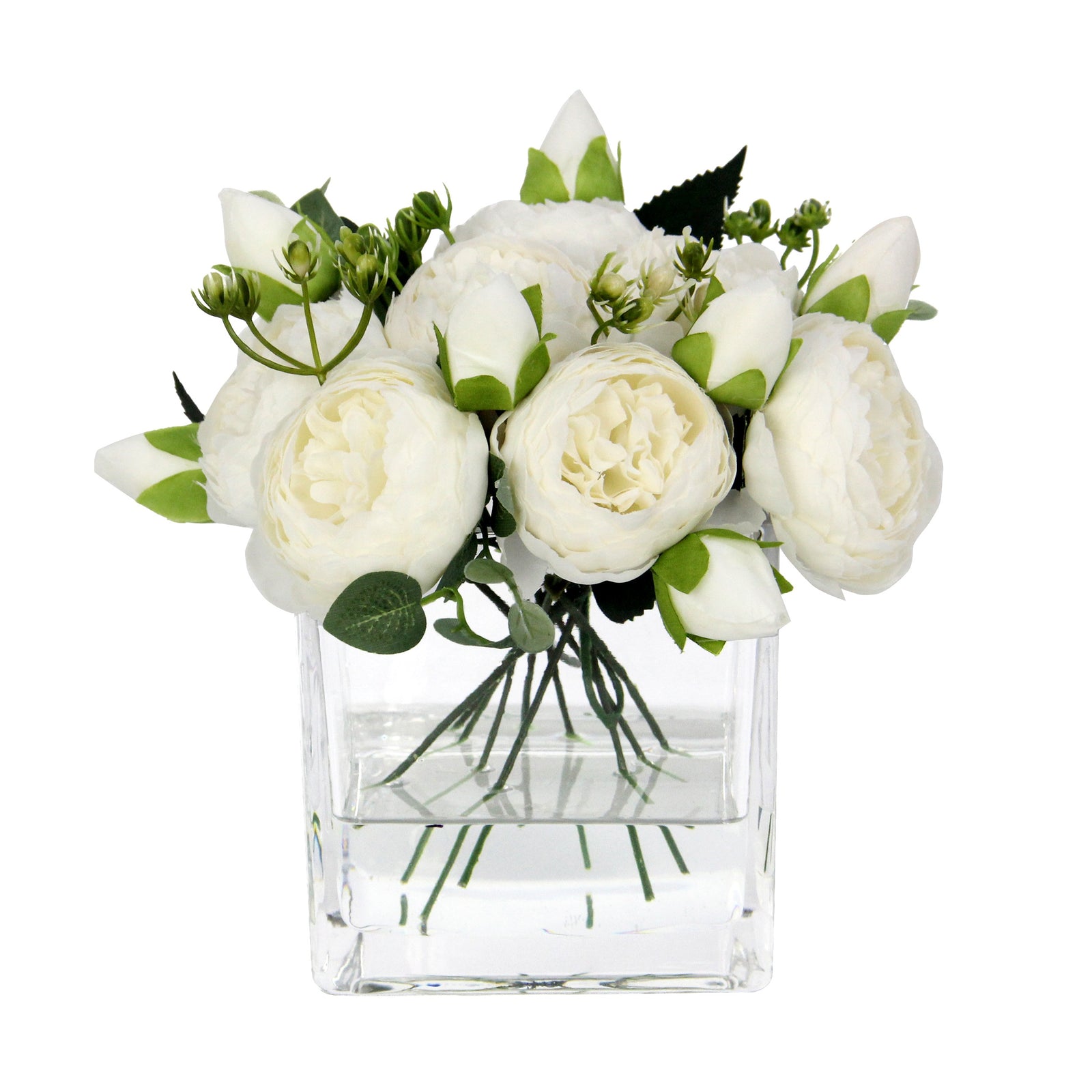 White Artificial Rose Arrangement in Square Vase - Medium IHR-RS050-W-M