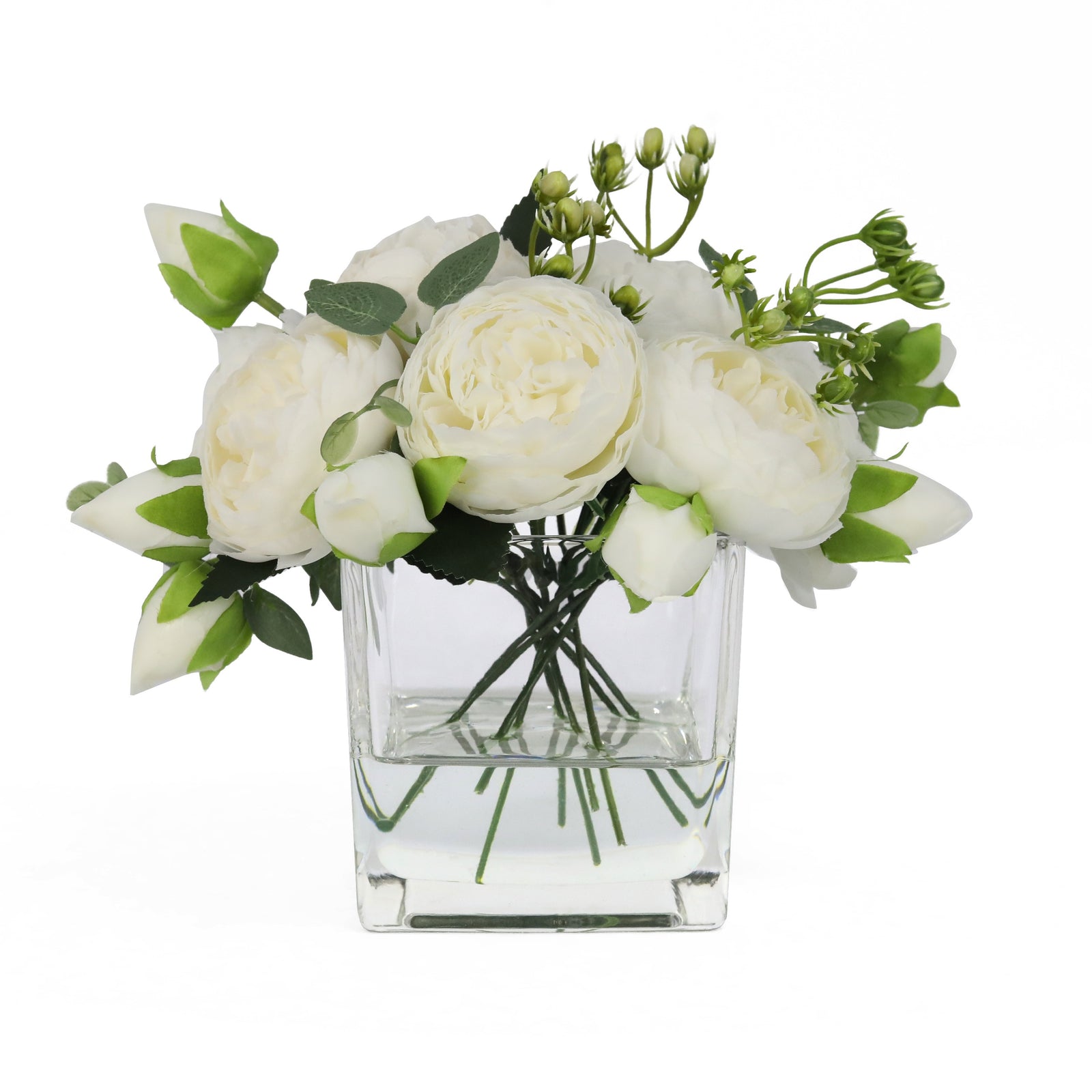 White Artificial Rose Arrangement in Square Vase - Small IHR-RS050-W-S