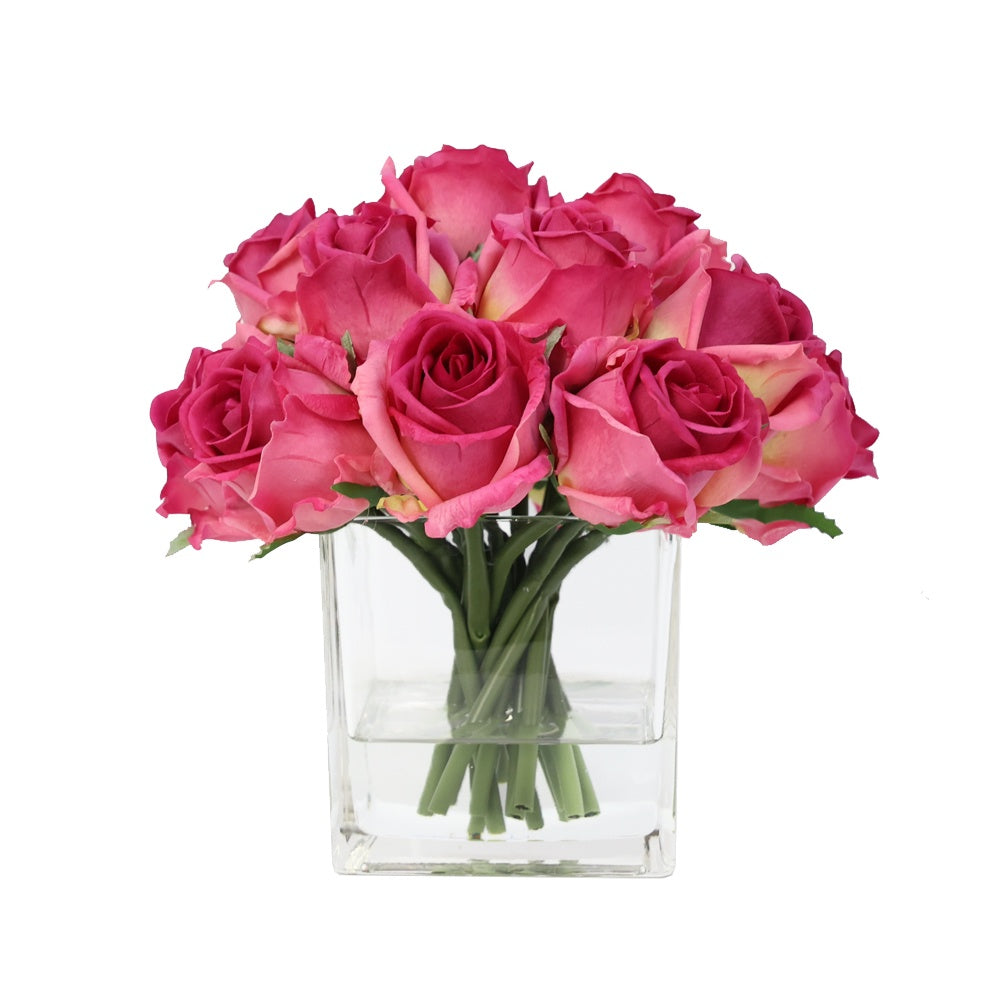 Dark Pink Artificial Rose Arrangement in Glass Square Vase - Medium IHR-RS081-DP-M
