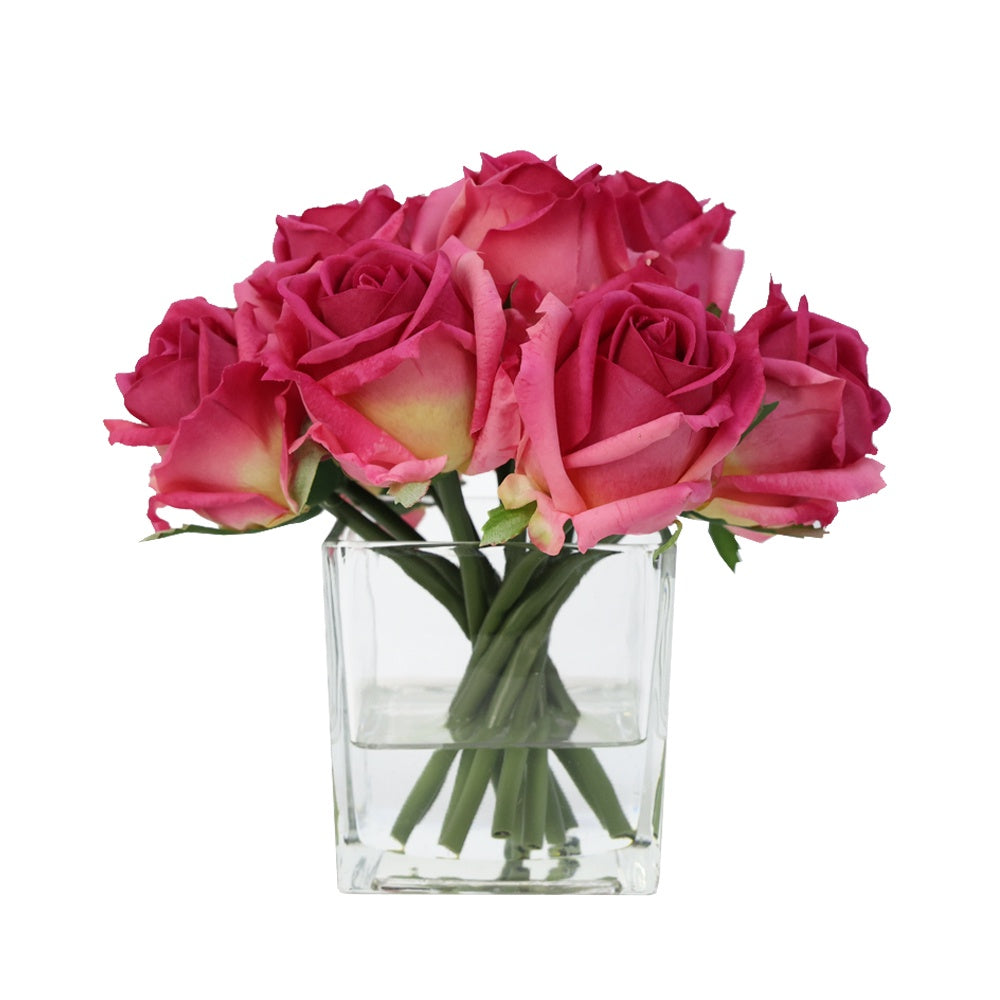 Dark Pink Artificial Rose Arrangement in Glass Square Vase - Small IHR-RS081-DP-S