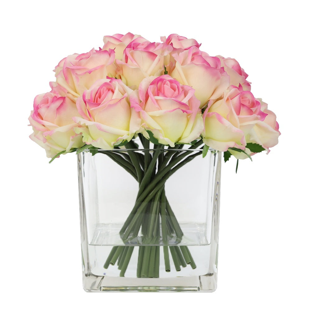 Light Pink Artificial Rose Arrangement in Glass Square Vase - Large IHR-RS081-LP-L