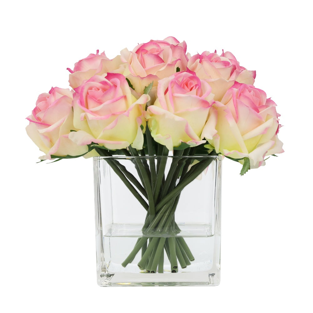Light Pink Artificial Rose Arrangement in Glass Square Vase - Medium IHR-RS081-LP-M