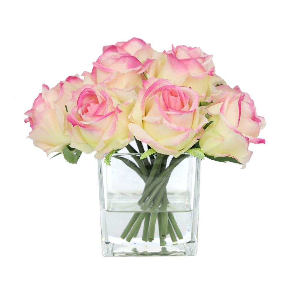 Light Pink Artificial Rose Arrangement in Glass Square Vase - Small IHR-RS081-LP-S