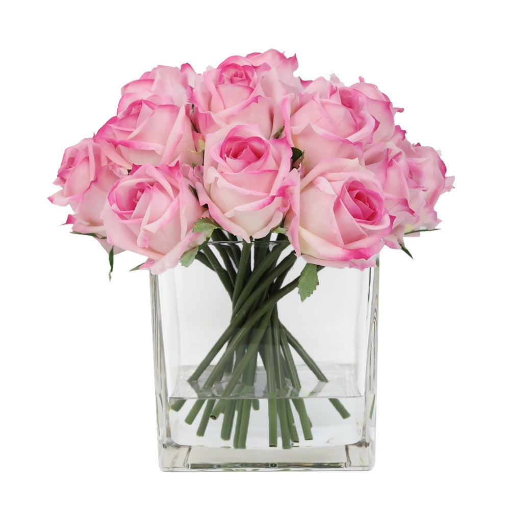 Pink Artificial Rose Arrangement in Glass Square Vase - Large IHR-RS081-PK-L