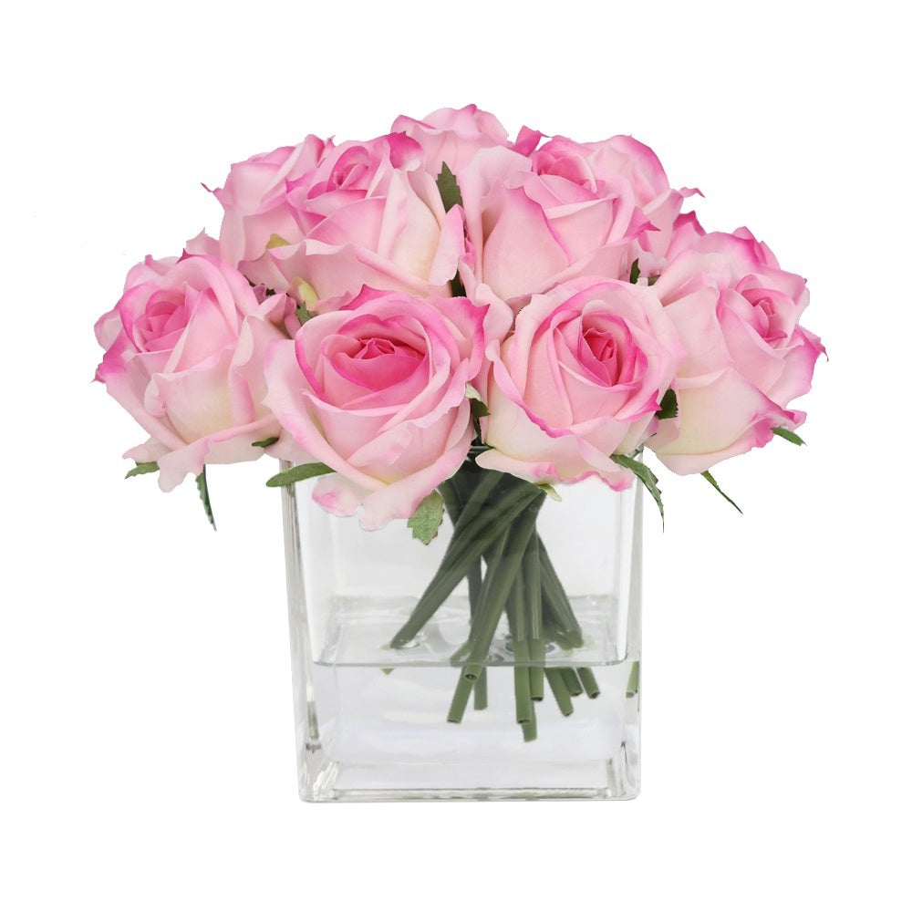 Pink Artificial Rose Arrangement in Glass Square Vase - Medium IHR-RS081-PK-M