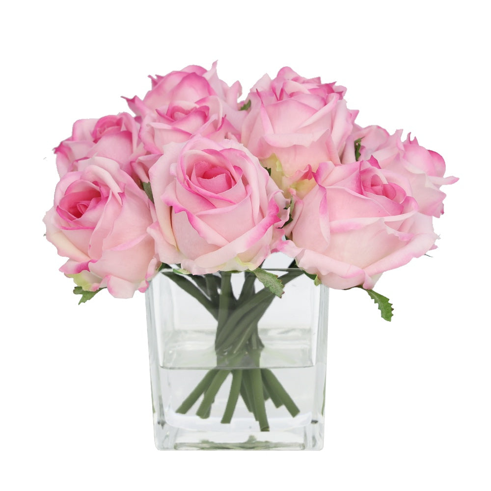 Pink Artificial Rose Arrangement in Glass Square Vase - Small IHR-RS081-PK-S