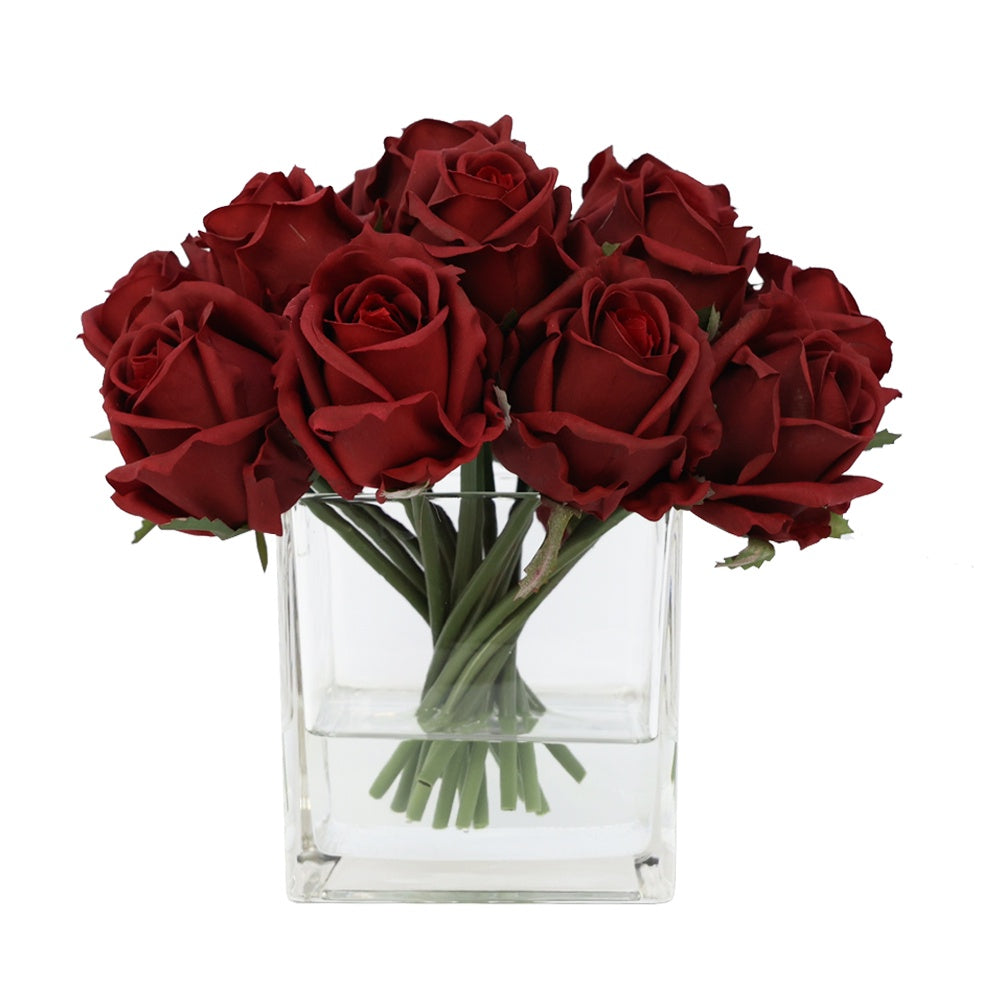 Dark Red Artificial Rose Arrangement in Glass Square Vase - Medium IHR-RS081-RD-M