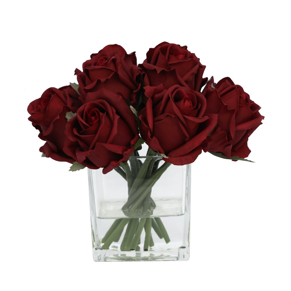 Dark Red Artificial Rose Arrangement in Glass Square Vase - Small IHR-RS081-RD-S