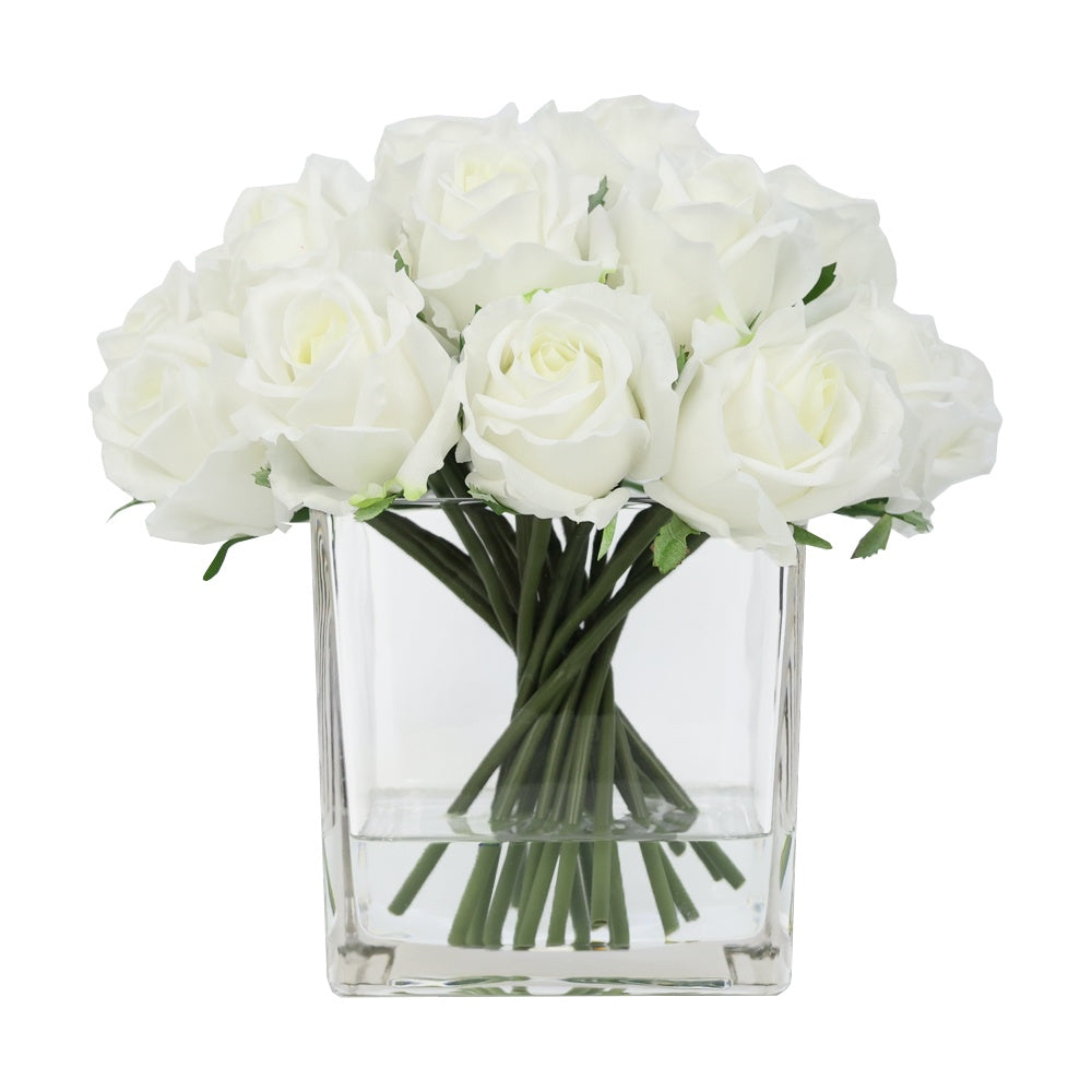 White Artificial Rose Arrangement in Glass Square Vase - Large IHR-RS081-W-L