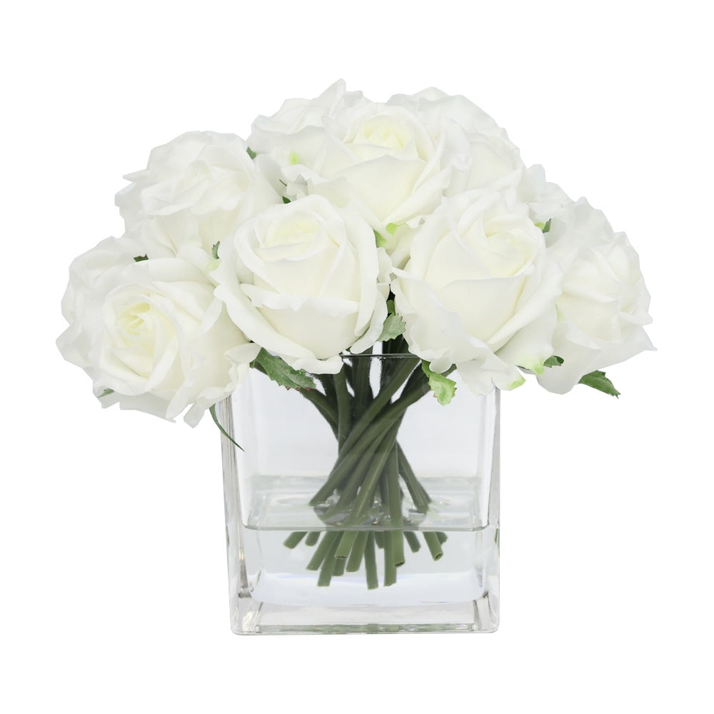 White Artificial Rose Arrangement in Glass Square Vase - Medium IHR-RS081-W-M