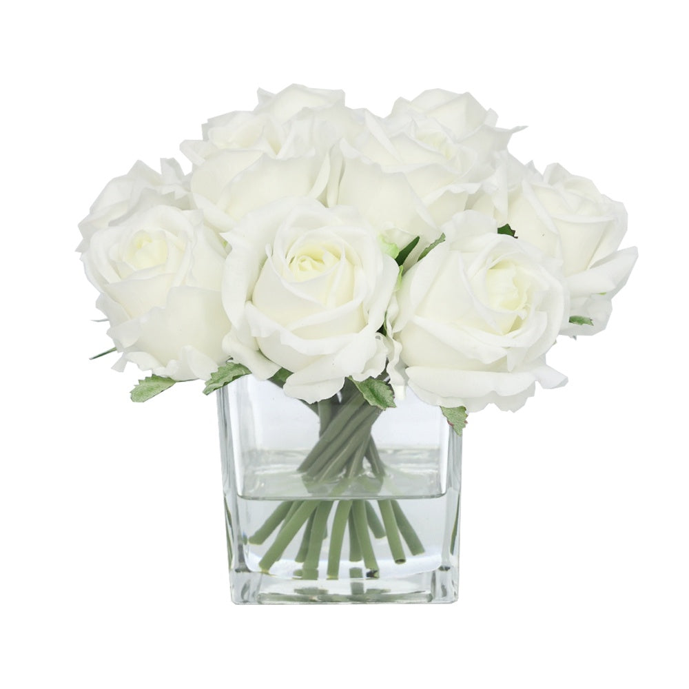 White Artificial Rose Arrangement in Glass Square Vase - Small IHR-RS081-W-S