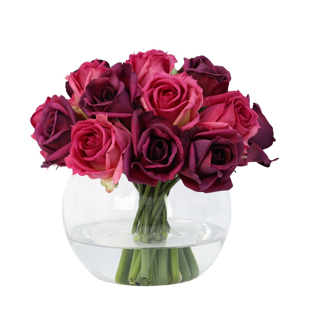 Dark Pink & Purple Artificial Mixed Rose Arrangement in Glass Globe Vase - Large IHR-RS082-DP-L