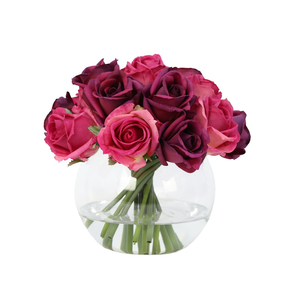 Dark Pink/Purple Artificial Mixed Rose Arrangement in Glass Globe Vase - Medium IHR-RS082-DP-M