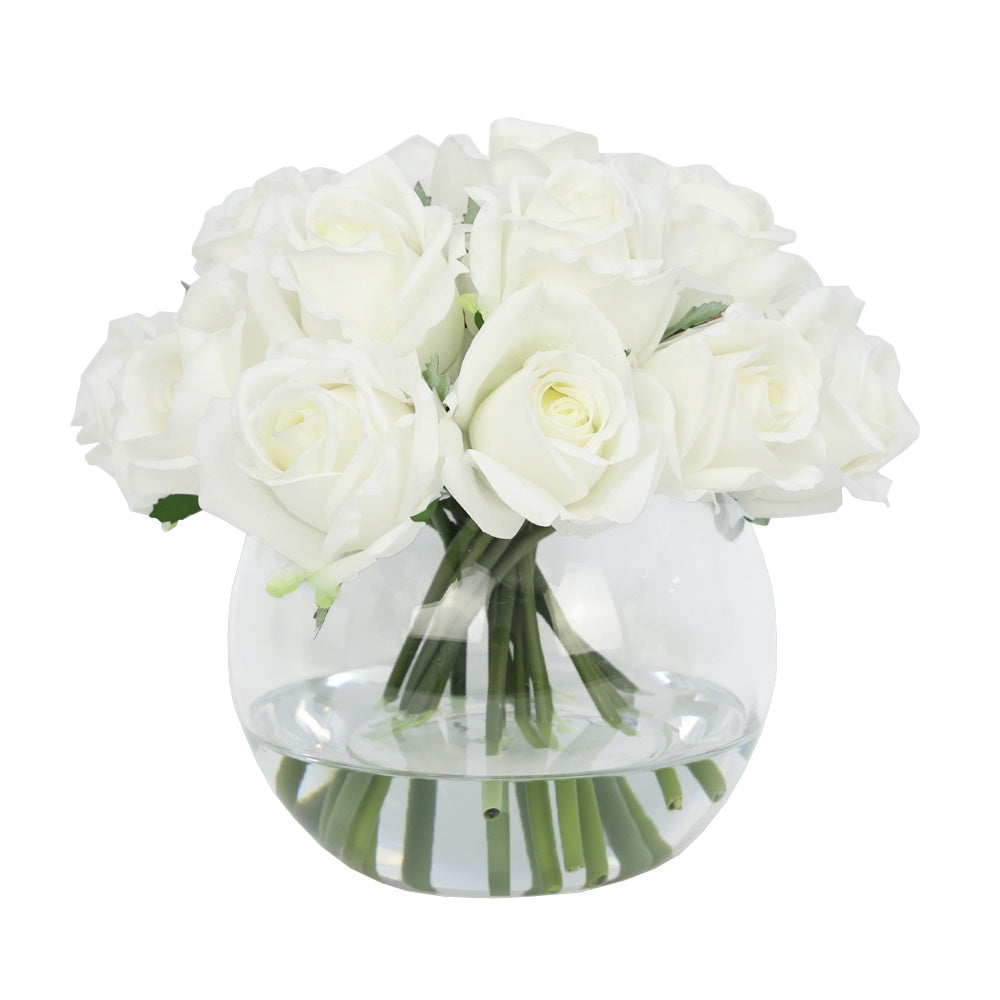 White Artificial Mixed Rose Arrangement in Glass Globe Vase - Large IHR-RS082-W-L