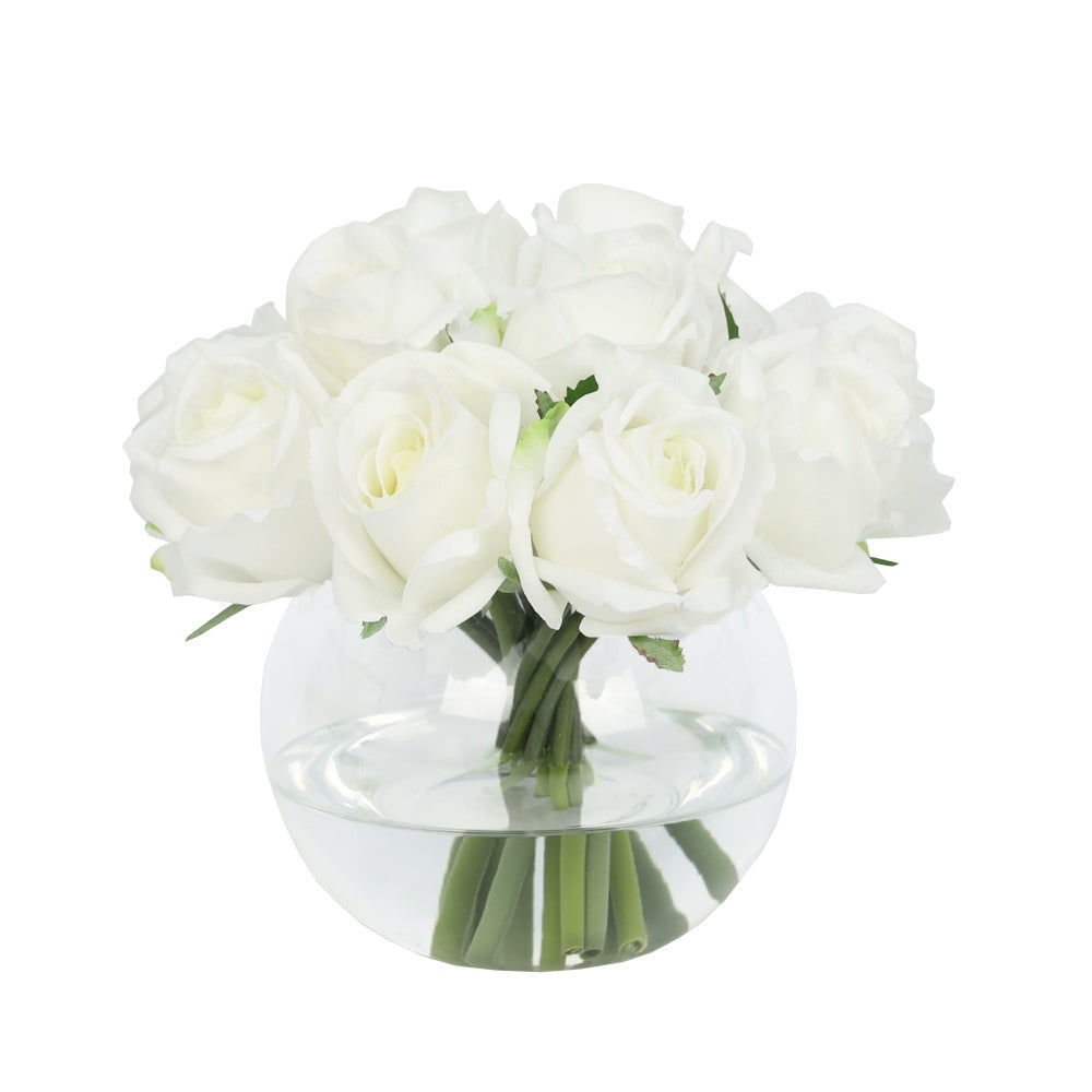 White Artificial Mixed Rose Arrangement in Glass Globe Vase - Medium IHR-RS082-W-M