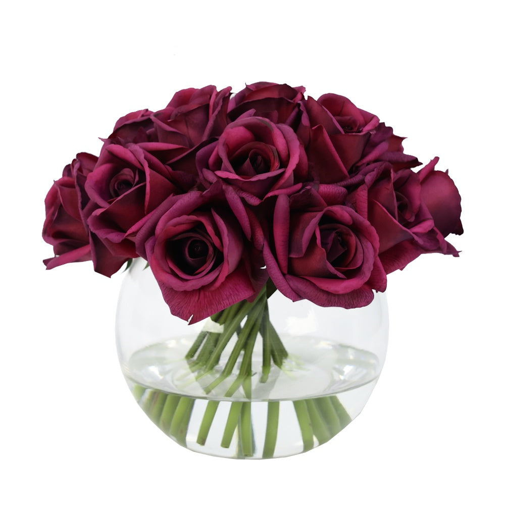 Purple Artificial Rose Arrangement in Glass Globe Vase -  Large IHR-RS083-PR-L