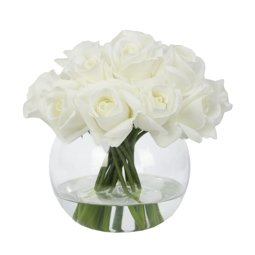 White Artificial Rose Arrangement in Glass Globe Vase - Large IHR-RS083-W-L