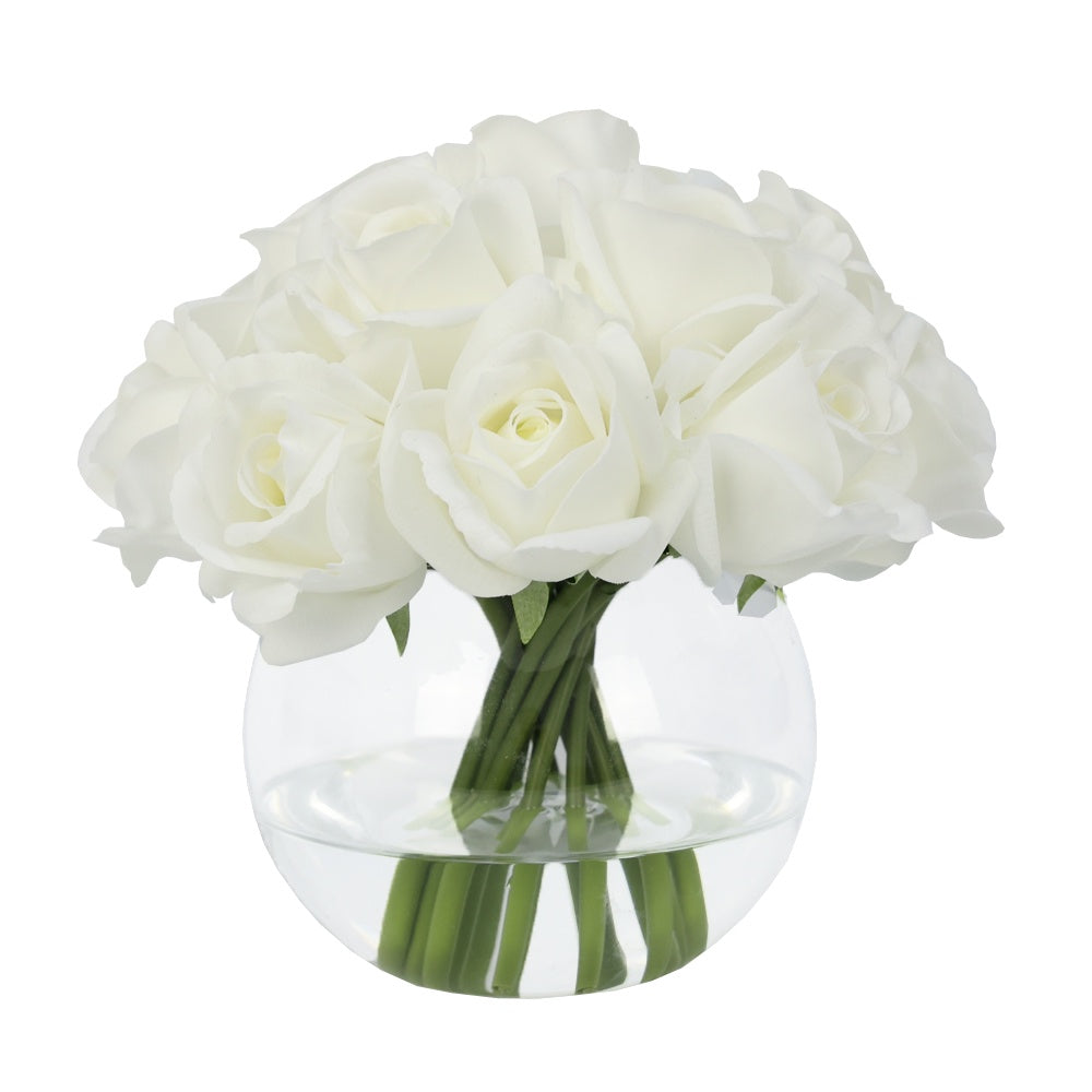 White Artificial Rose Arrangement in Glass Globe Vase - Medium IHR-RS083-W-M