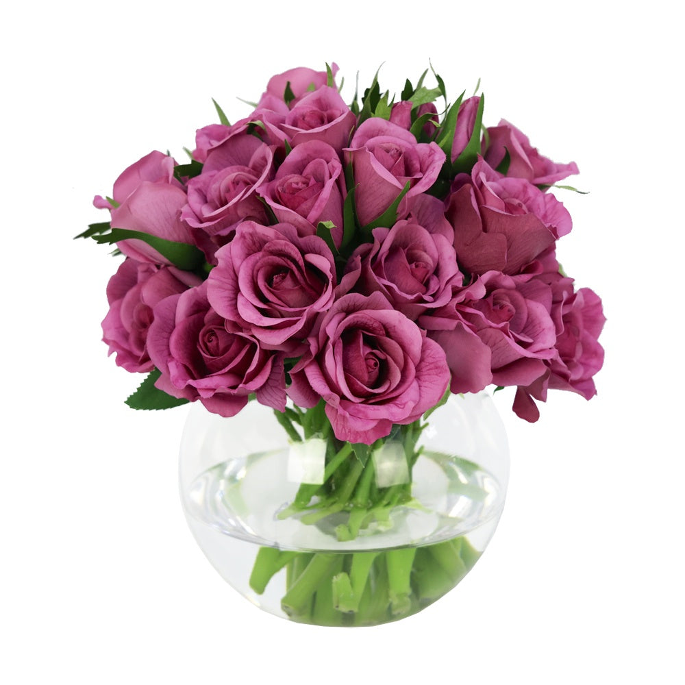 Dark Pink Artificial Rose Arrangement in Glass Globe Vase - Small IHR-RS084-DP-S