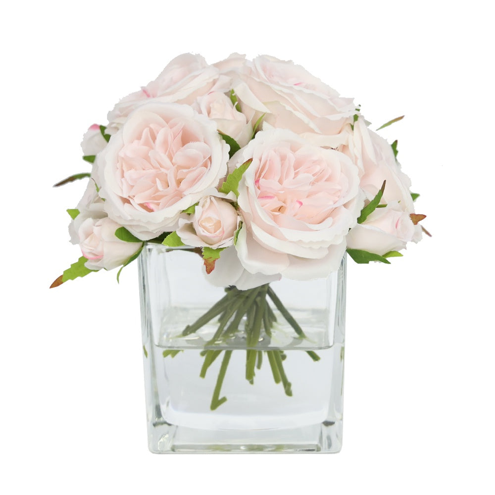 Light Pink Artificial Austin Rose Arrangement in Glass Square Vase - Small IHR-RS088-LP-S