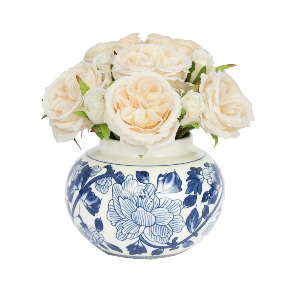 Champagne Artificial Austin Rose Arrangement in Porcelain Vase IHR-RS089-CH
