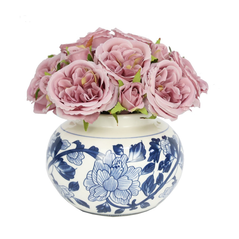 Dusty PInk Artificial Austin Rose Arrangement in Porcelain Vase IHR-RS089-PK