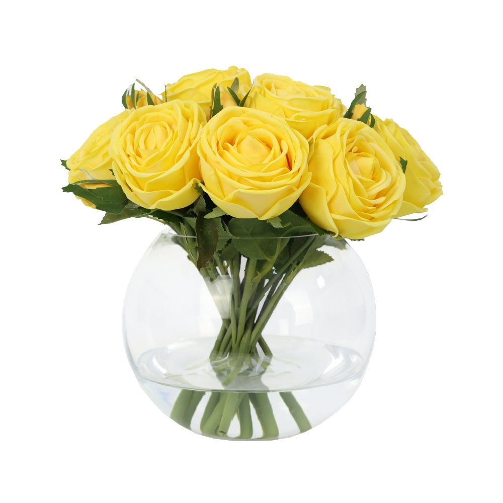 Yellow Artificial Rose Arrangement in Glass Globe Vase - Large IHR-RS090-YL-L