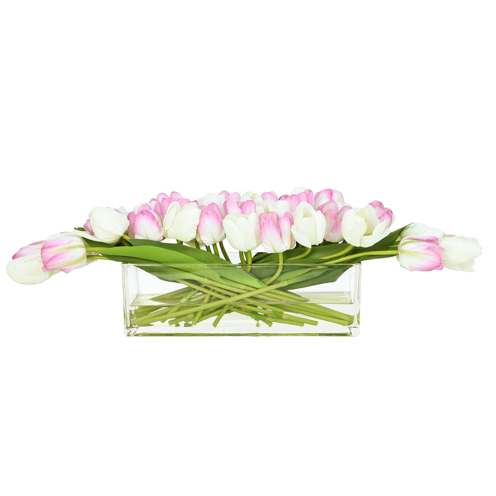 White & Pink Artificial Tulip Arrangement in Rectangular Vase - Long IHR-TU100-WPK